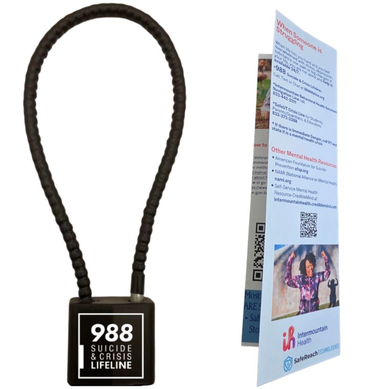 A cable lock branded with the 988 Suicide and Crisis Lifeline, shown next to the custom printed prevention insert that ships with it.
