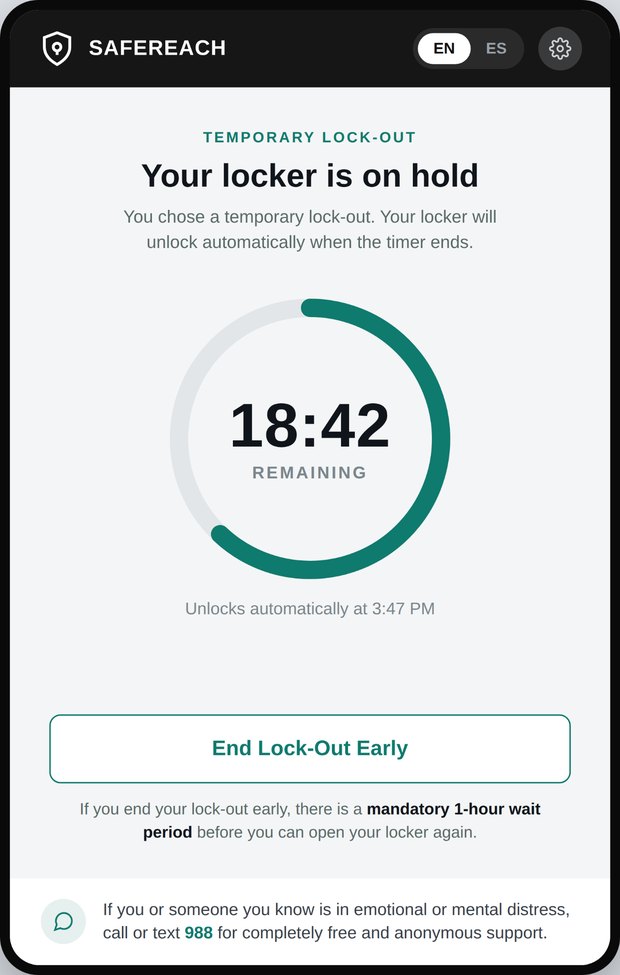 Kiosk screen showing a locker on hold with an eighteen minute countdown, the automatic unlock time, and a button to end the lock-out early.