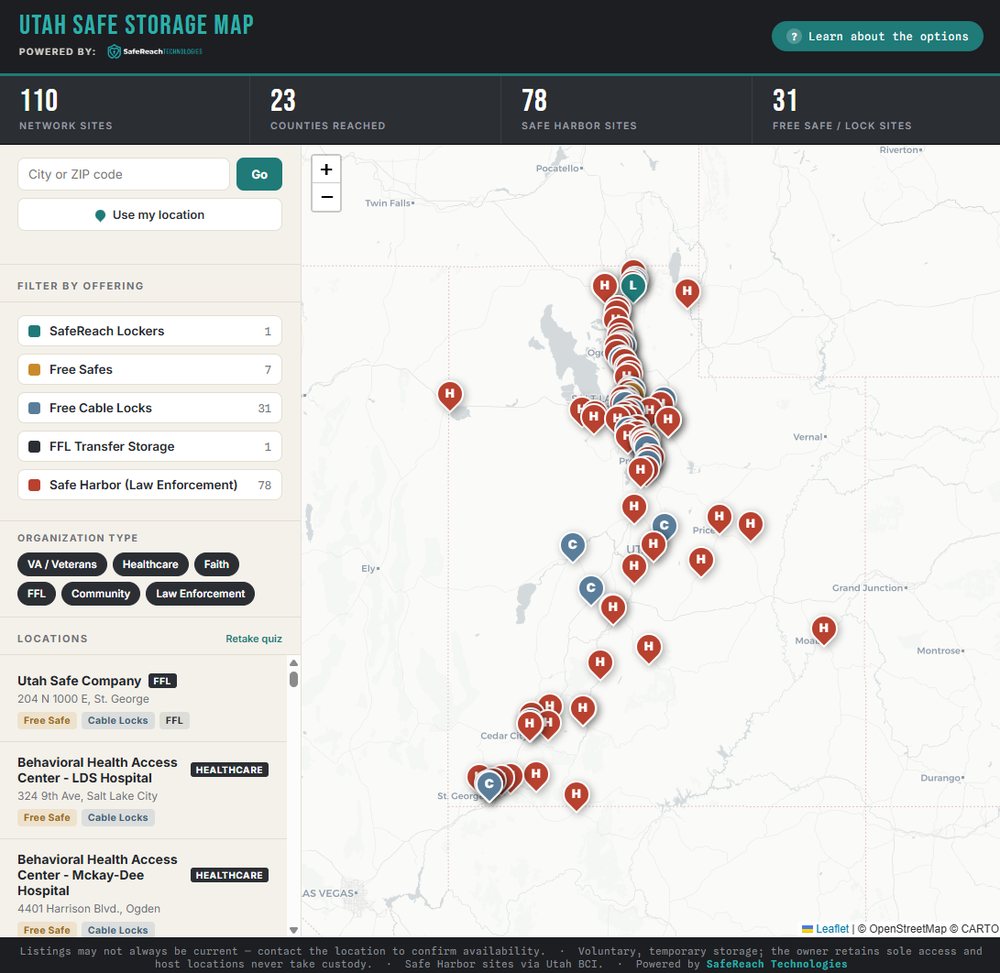 The Utah Safe Storage Map showing 110 network sites across 23 counties, filterable by lockers, free safes, free cable locks and law-enforcement safe harbor sites.