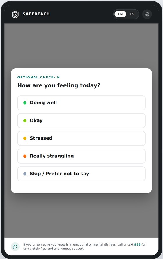 Kiosk check-in screen asking how the user is feeling today, with options from doing well to really struggling.