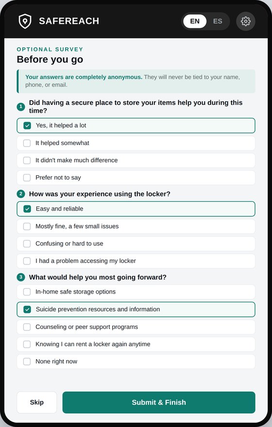 Kiosk close-out survey asking whether secure storage helped and what would help most going forward.