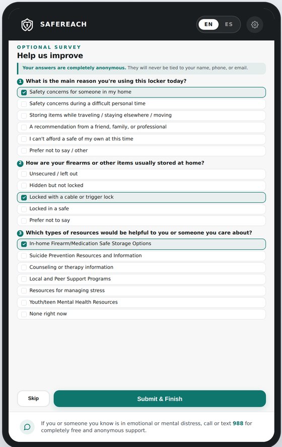 Kiosk intake survey screen asking the main reason for using the locker and what resources would be helpful.
