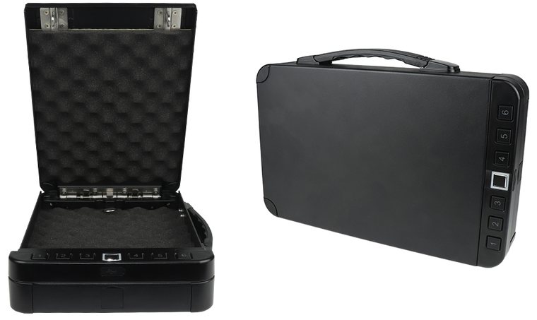 A black hard-shell vehicle safe with a keypad, designed for securing a firearm inside a vehicle.